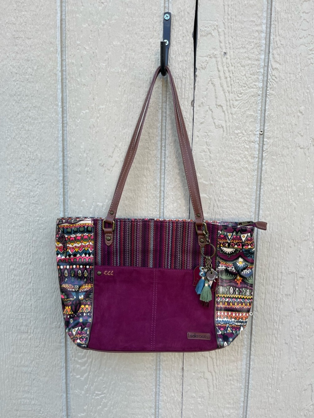 Sakroots Purse Metro Tote Shoulder Bag Purse Elephant Purple Brown